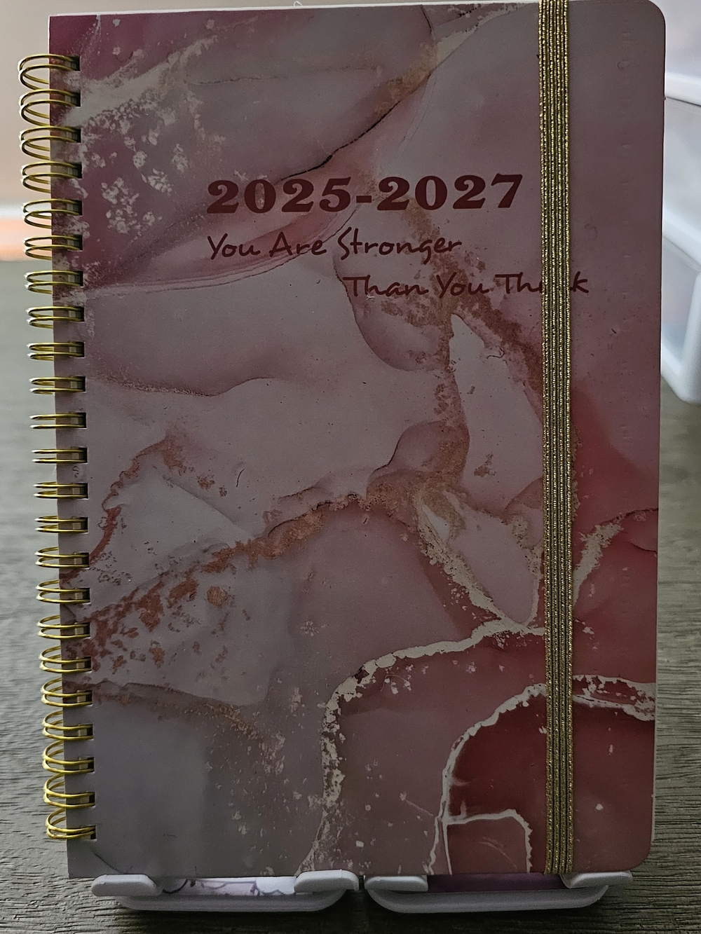 2025-2027 Pink Marble Spiral Planner with Gold Elastic
